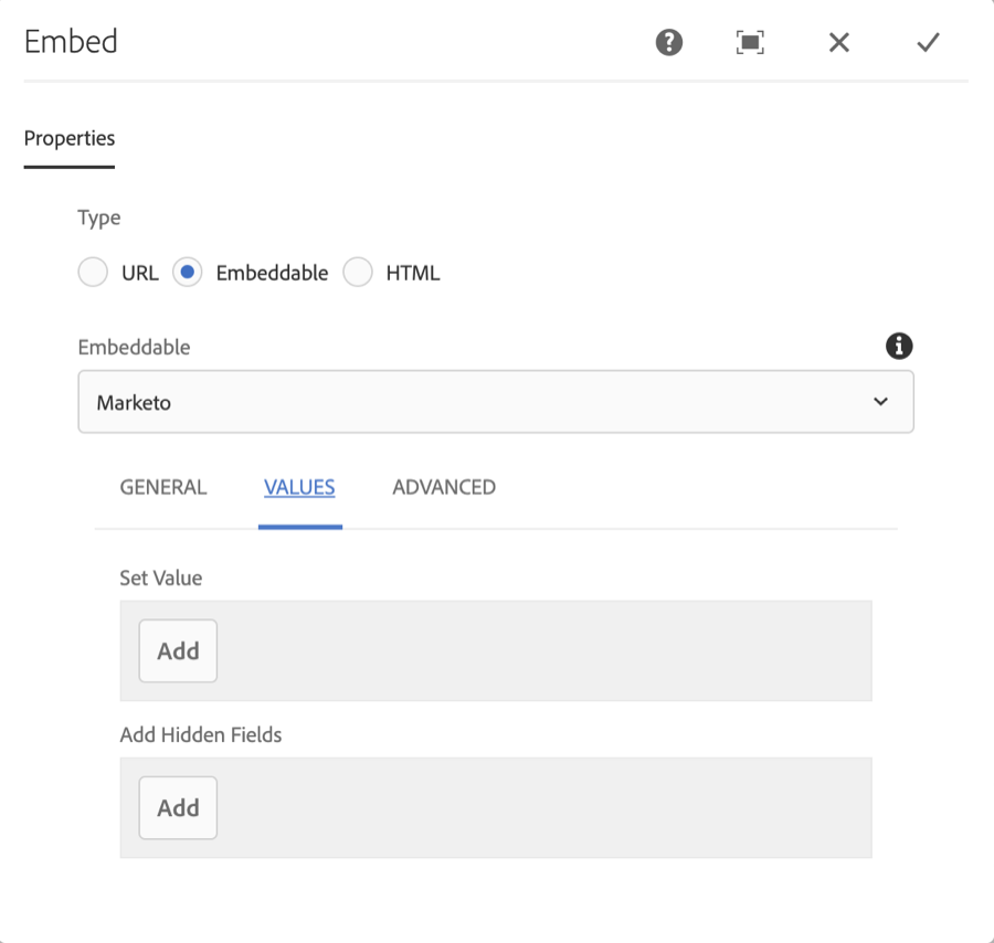 Marketo Form Component Values Tab