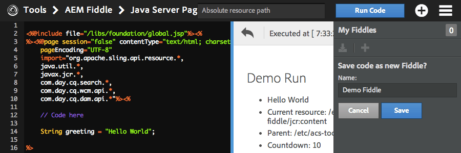 AEM Fiddle - Create Fiddle