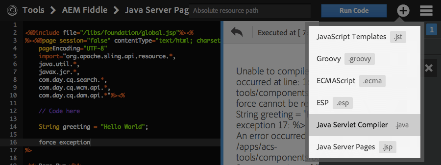 AEM Fiddle - Script Languages