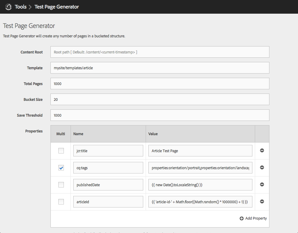 AEM Test Page Generator - Filled Out