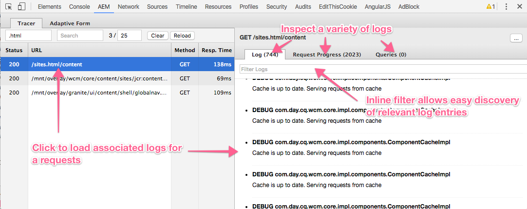 AEM Chrome Plug-in Logs