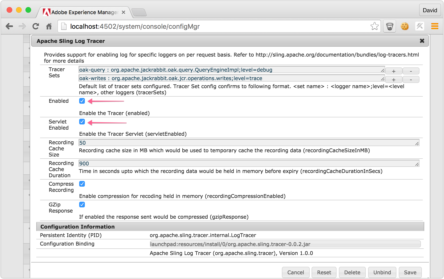 Sling Log Tracer OSGi Config